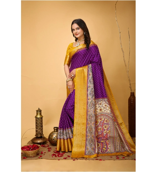 Generic Women's Soft Dola Cotton Kalamkari Printed Saree With Unstitched Blouse 5.5Mtr (Purple)