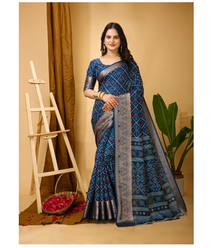 Generic Women's Soft Dola Cotton Kalamkari Printed Saree With Unstitched Blouse 5.5Mtr (Blue)