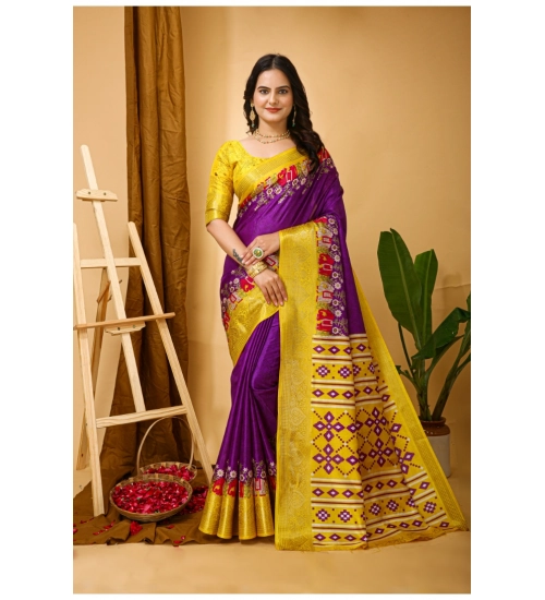 Generic Women's Soft Dola Cotton Kalamkari Printed Saree With Unstitched Blouse 5.5Mtr (Purple)