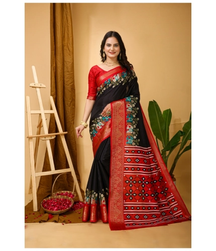 Generic Women's Soft Dola Cotton Kalamkari Printed Saree With Unstitched Blouse 5.5Mtr (Black)