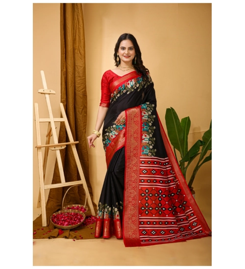 Generic Women's Soft Dola Cotton Kalamkari Printed Saree With Unstitched Blouse 5.5Mtr (Black)