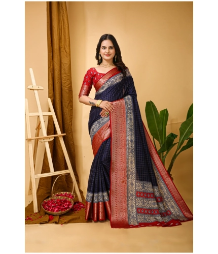 Generic Women's Soft Dola Cotton Kalamkari Printed Saree With Unstitched Blouse 5.5Mtr (Navy Blue)