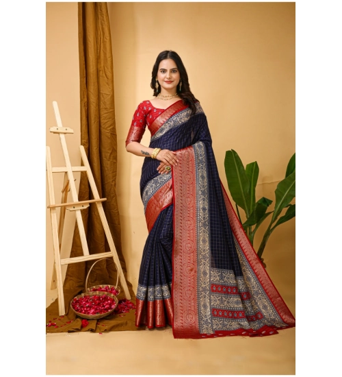 Generic Women's Soft Dola Cotton Kalamkari Printed Saree With Unstitched Blouse 5.5Mtr (Navy Blue)
