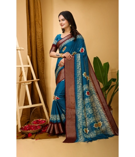 Generic Women's Soft Blooming Marshmallow Fabric Kalamkari Printed Saree With Unstitched Blouse 5.5Mtr (Blue)