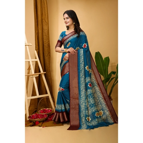 Women's Soft Blooming Marshmallow Fabric Kalamkari Printed Saree With Unstitched Blouse 5.5Mtr (Blue) Women's Soft Blooming Marshmallow Fabric Kalamkari Printed Saree With Unstitched Blouse 5.5Mtr (Blue)
