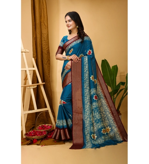 Generic Women's Soft Blooming Marshmallow Fabric Kalamkari Printed Saree With Unstitched Blouse 5.5Mtr (Blue)