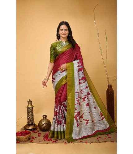 Generic Women's Soft Handloom Cotton Kalamkari Printed Saree With Unstitched Blouse 5.5Mtr (Maroon)