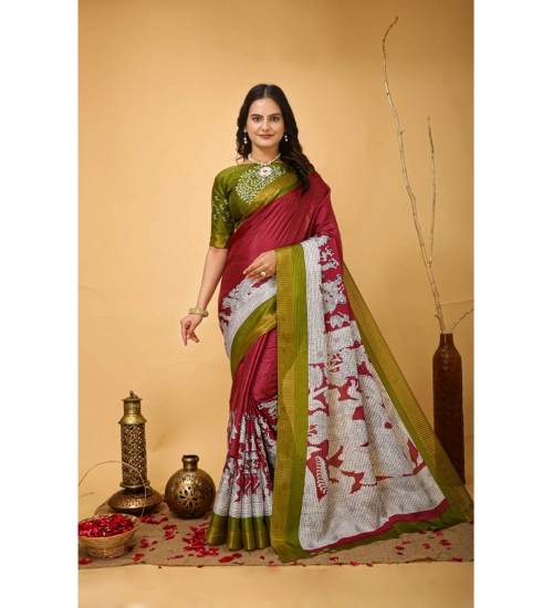 Generic Women's Soft Handloom Cotton Kalamkari Printed Saree With Unstitched Blouse 5.5Mtr (Maroon)
