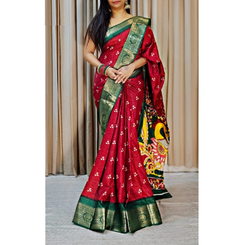 Generic Women's Soft Dola Cotton Kalamkari Printed Saree With Unstitched Blouse 5.5Mtr (Red) Generic Women's Soft Dola Cotton Kalamkari Printed Saree With Unstitched Blouse 5.5Mtr (Red)