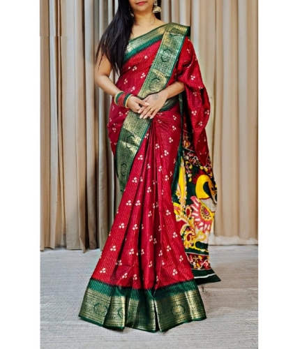 Generic Women's Soft Dola Cotton Kalamkari Printed Saree With Unstitched Blouse 5.5Mtr (Red)