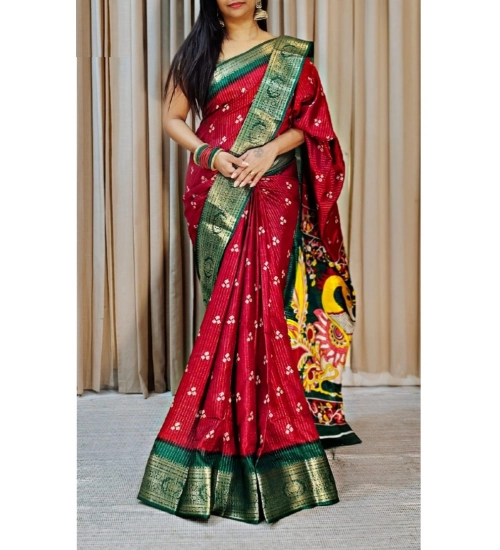 Generic Women's Soft Dola Cotton Kalamkari Printed Saree With Unstitched Blouse 5.5Mtr (Red)