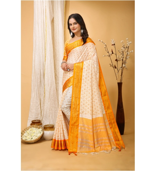 Generic Women's Soft Cotton Silk Printed Saree With Unstitched Blouse 5.5Mtr (Yellow)