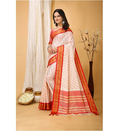 Generic Women's Soft Cotton Silk Printed Saree With Unstitched Blouse 5.5Mtr (Red)