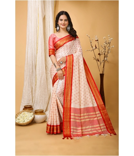 Generic Women's Soft Cotton Silk Printed Saree With Unstitched Blouse 5.5Mtr (Red)