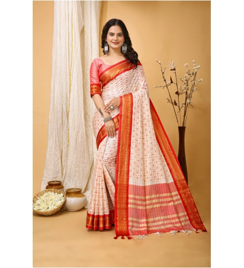 Generic Women's Soft Cotton Silk Printed Saree With Unstitched Blouse 5.5Mtr (Red)