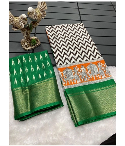 Generic Women's Soft Dola Cotton Kalamkari Printed Saree With Unstitched Blouse 5.5Mtr (Green)