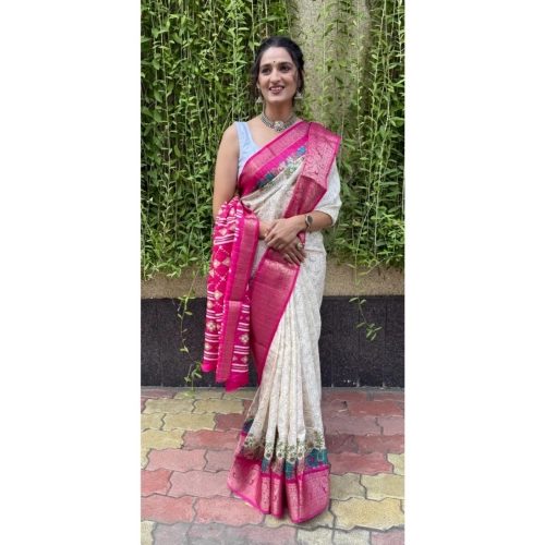 Women's Soft Dola Cotton Kalamkari Printed Saree With Unstitched Blouse 5.5Mtr (White) Women's Soft Dola Cotton Kalamkari Printed Saree With Unstitched Blouse 5.5Mtr (White)