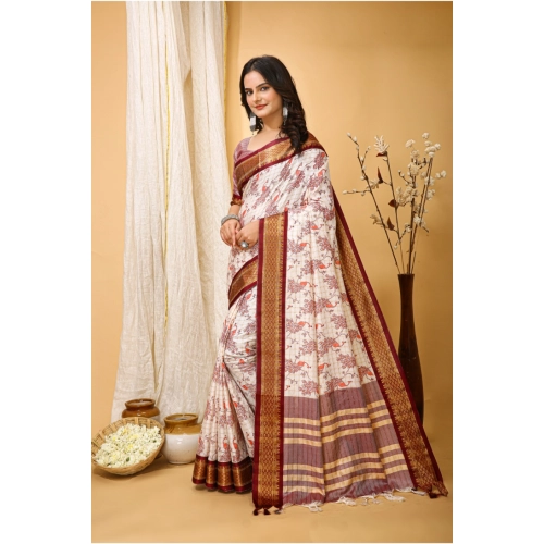 Women's Soft Cotton Silk Printed Saree With Unstitched Blouse 5.5Mtr (Maroon) Women's Soft Cotton Silk Printed Saree With Unstitched Blouse 5.5Mtr (Maroon)