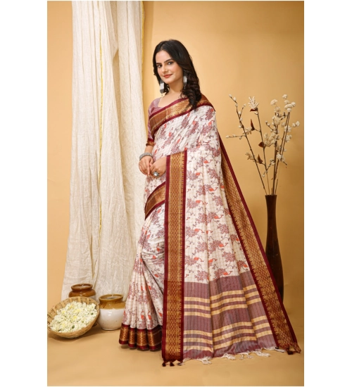 Generic Women's Soft Cotton Silk Printed Saree With Unstitched Blouse 5.5Mtr (Maroon)