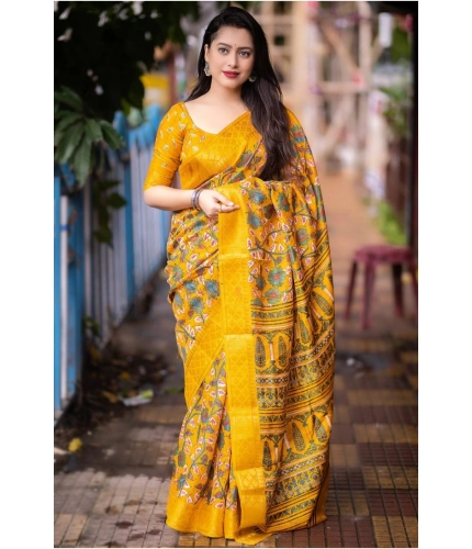 Generic Women's Soft Dola Cotton Kalamkari Printed Saree With Unstitched Blouse 5.5Mtr (Yellow)