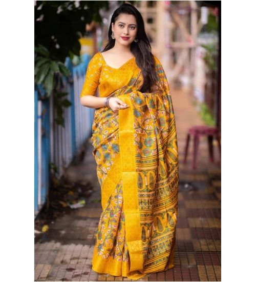 Generic Women's Soft Dola Cotton Kalamkari Printed Saree With Unstitched Blouse 5.5Mtr (Yellow)