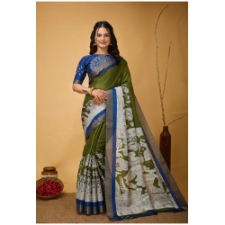 Generic Women's Soft Handloom Cotton Kalamkari Printed Saree With Unstitched Blouse 5.5Mtr (Mehendi)
