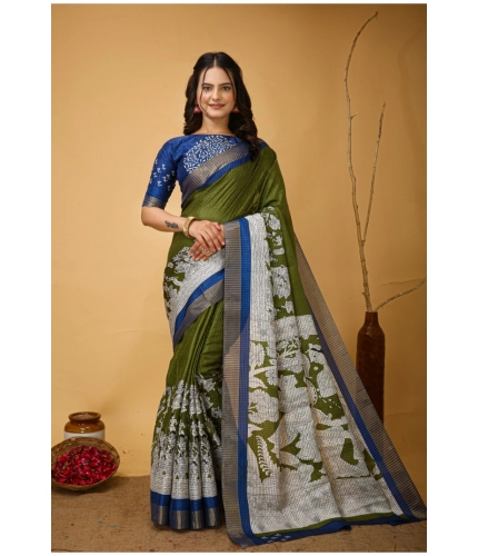 Generic Women's Soft Handloom Cotton Kalamkari Printed Saree With Unstitched Blouse 5.5Mtr (Mehendi)