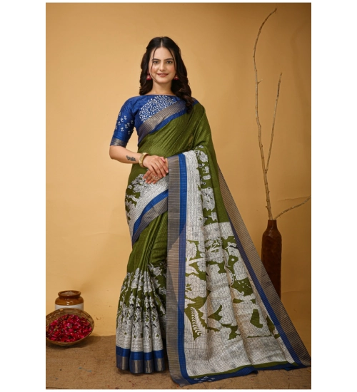 Generic Women's Soft Handloom Cotton Kalamkari Printed Saree With Unstitched Blouse 5.5Mtr (Mehendi)