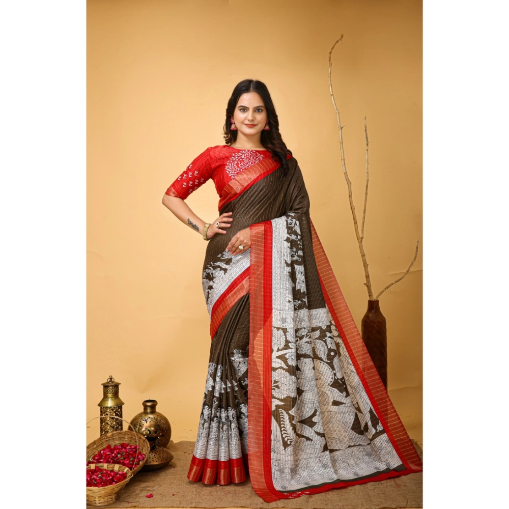 Generic Women's Soft Handloom Cotton Kalamkari Printed Saree With Unstitched Blouse 5.5Mtr (Brown) Generic Women's Soft Handloom Cotton Kalamkari Printed Saree With Unstitched Blouse 5.5Mtr (Brown)