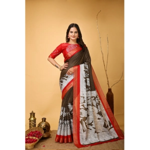 Generic Women's Soft Handloom Cotton Kalamkari Printed Saree With Unstitched Blouse 5.5Mtr (Brown)