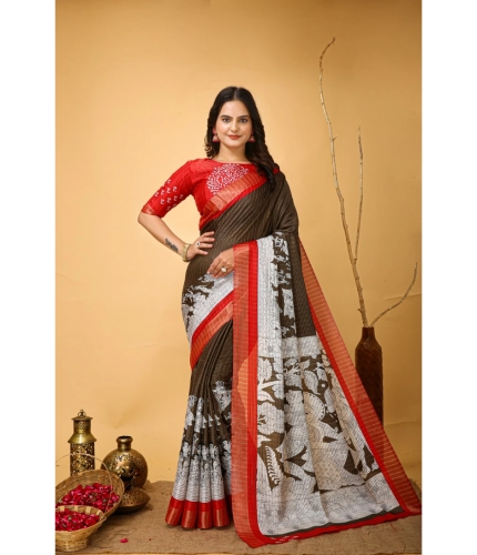 Generic Women's Soft Handloom Cotton Kalamkari Printed Saree With Unstitched Blouse 5.5Mtr (Brown)