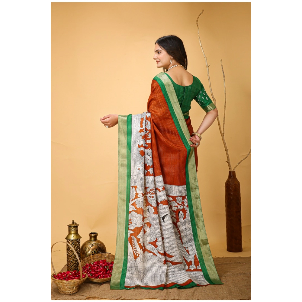 Generic Women's Soft Handloom Cotton Kalamkari Printed Saree With Unstitched Blouse 5.5Mtr (Orange) Generic Women's Soft Handloom Cotton Kalamkari Printed Saree With Unstitched Blouse 5.5Mtr (Orange)