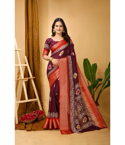 Generic Women's Soft Blooming Marshmallow Fabric Kalamkari Printed Saree With Unstitched Blouse 5.5Mtr (Wine)