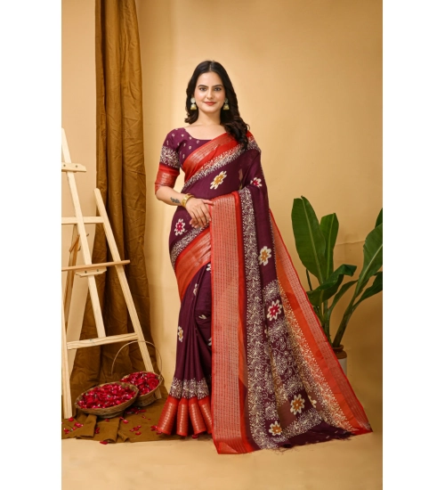 Generic Women's Soft Blooming Marshmallow Fabric Kalamkari Printed Saree With Unstitched Blouse 5.5Mtr (Wine)
