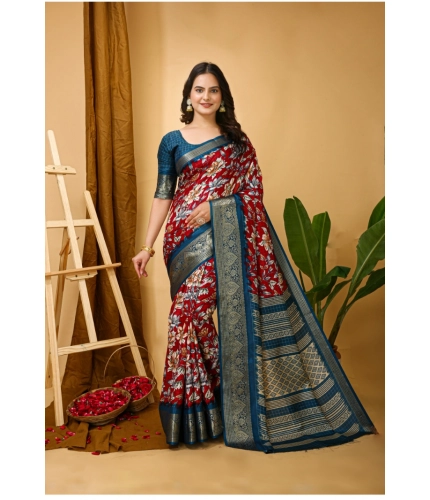 Generic Women's Soft Dola Cotton Kalamkari Printed Saree With Unstitched Blouse 5.5Mtr (Red)