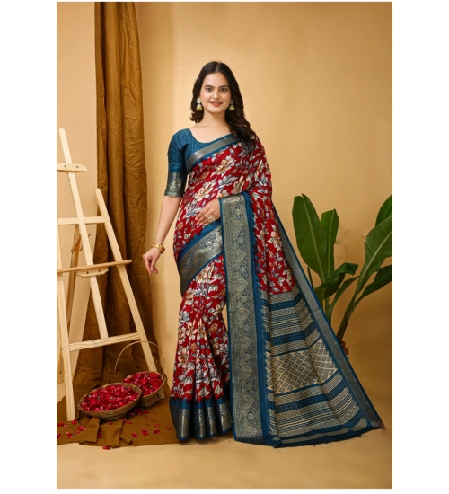 Generic Women's Soft Dola Cotton Kalamkari Printed Saree With Unstitched Blouse 5.5Mtr (Red)