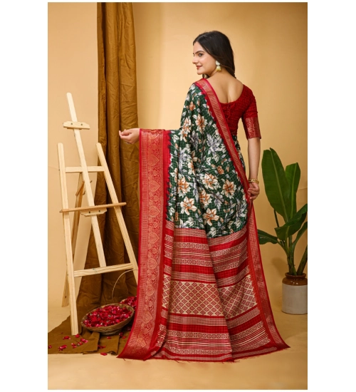 Generic Women's Soft Dola Cotton Kalamkari Printed Saree With Unstitched Blouse 5.5Mtr (Green)