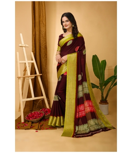 Generic Women's Soft Blooming Marshmallow Fabric Kalamkari Printed Saree With Unstitched Blouse 5.5Mtr (Maroon)