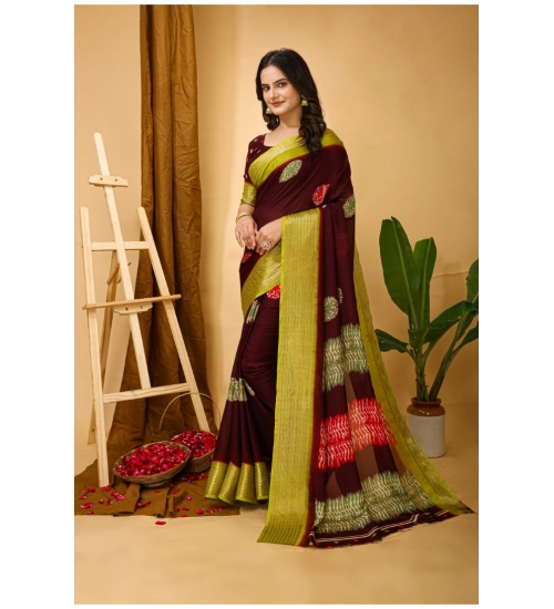 Generic Women's Soft Blooming Marshmallow Fabric Kalamkari Printed Saree With Unstitched Blouse 5.5Mtr (Maroon)