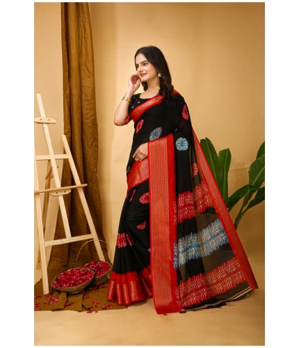 Generic Women's Soft Blooming Marshmallow Fabric Kalamkari Printed Saree With Unstitched Blouse 5.5Mtr (Black)