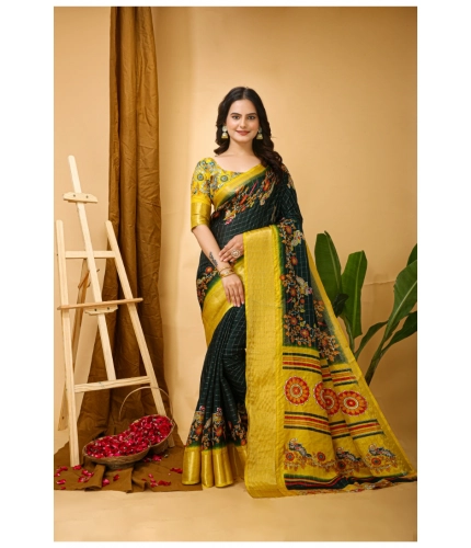 Generic Women's Soft Dola Cotton Kalamkari Printed Saree With Unstitched Blouse 5.5Mtr (Green)