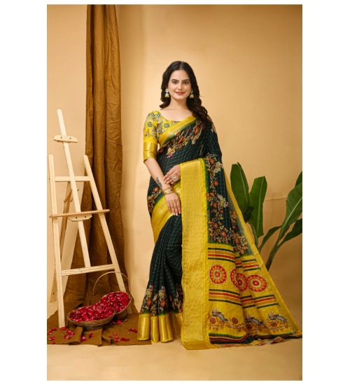 Generic Women's Soft Dola Cotton Kalamkari Printed Saree With Unstitched Blouse 5.5Mtr (Green)