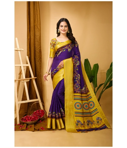 Generic Women's Soft Dola Cotton Kalamkari Printed Saree With Unstitched Blouse 5.5Mtr (Purple)