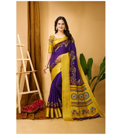 Generic Women's Soft Dola Cotton Kalamkari Printed Saree With Unstitched Blouse 5.5Mtr (Purple)
