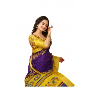 Generic Women's Soft Dola Cotton Kalamkari Printed Saree With Unstitched Blouse 5.5Mtr (Purple)