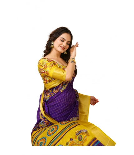 Generic Women's Soft Dola Cotton Kalamkari Printed Saree With Unstitched Blouse 5.5Mtr (Purple)