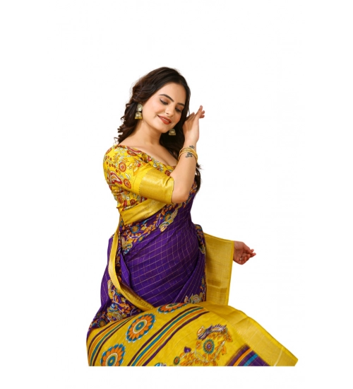 Generic Women's Soft Dola Cotton Kalamkari Printed Saree With Unstitched Blouse 5.5Mtr (Purple)