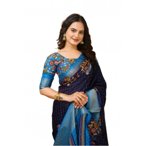 Generic Women's Soft Dola Cotton Kalamkari Printed Saree With Unstitched Blouse 5.5Mtr (Navy Blue)