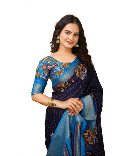 Generic Women's Soft Dola Cotton Kalamkari Printed Saree With Unstitched Blouse 5.5Mtr (Navy Blue)