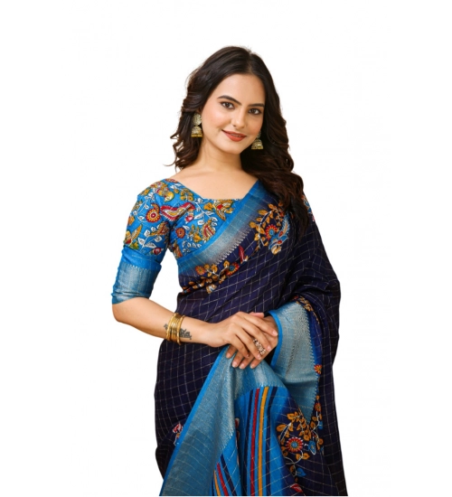Generic Women's Soft Dola Cotton Kalamkari Printed Saree With Unstitched Blouse 5.5Mtr (Navy Blue)